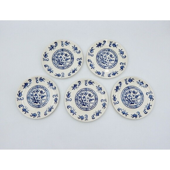 Blue Onion Pattern Bread & Butter Plates 6 Inch Unmarked Scio Pottery Lot of 5 - Picture 1 of 9